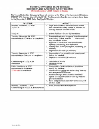 REVISED December 1, 2020 Run-Off Election Canvassing Board Schedule
